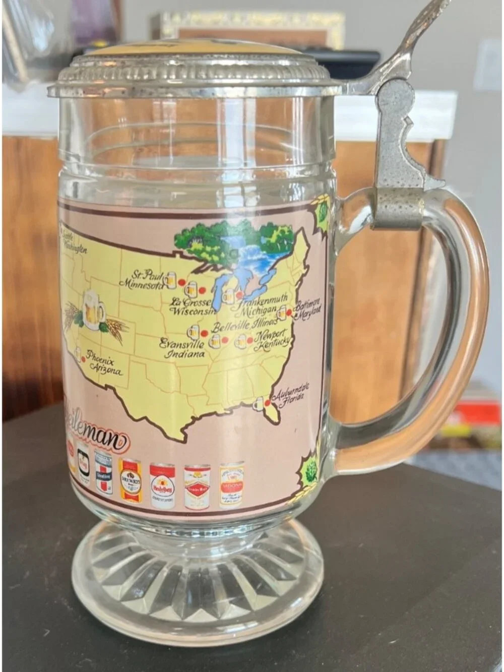 Vintage G. Heilman Brewing Company beer stein, clear glass body, metal lid